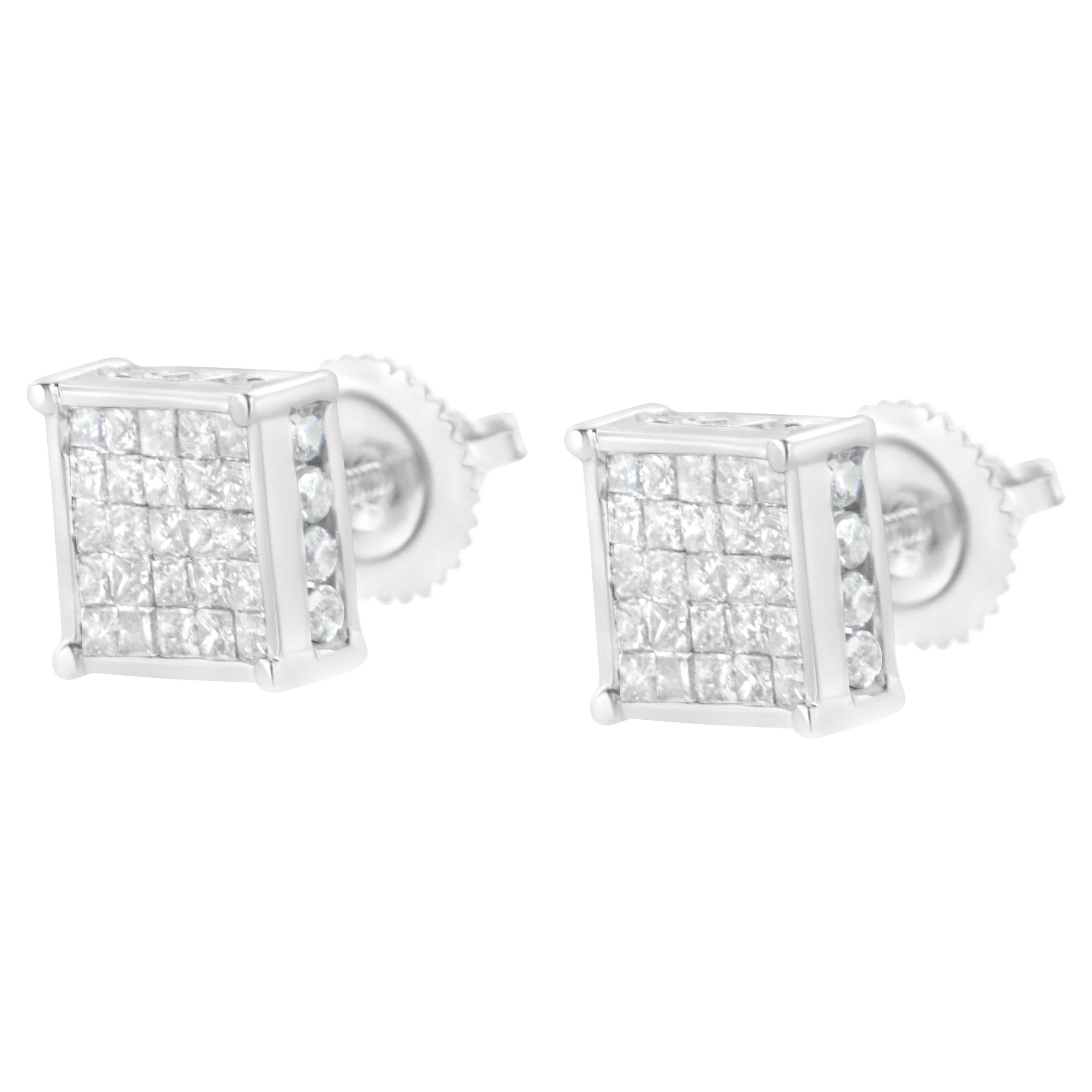 Clous d'oreilles en or blanc 10 carats avec composite de diamants princesse de 1 carat