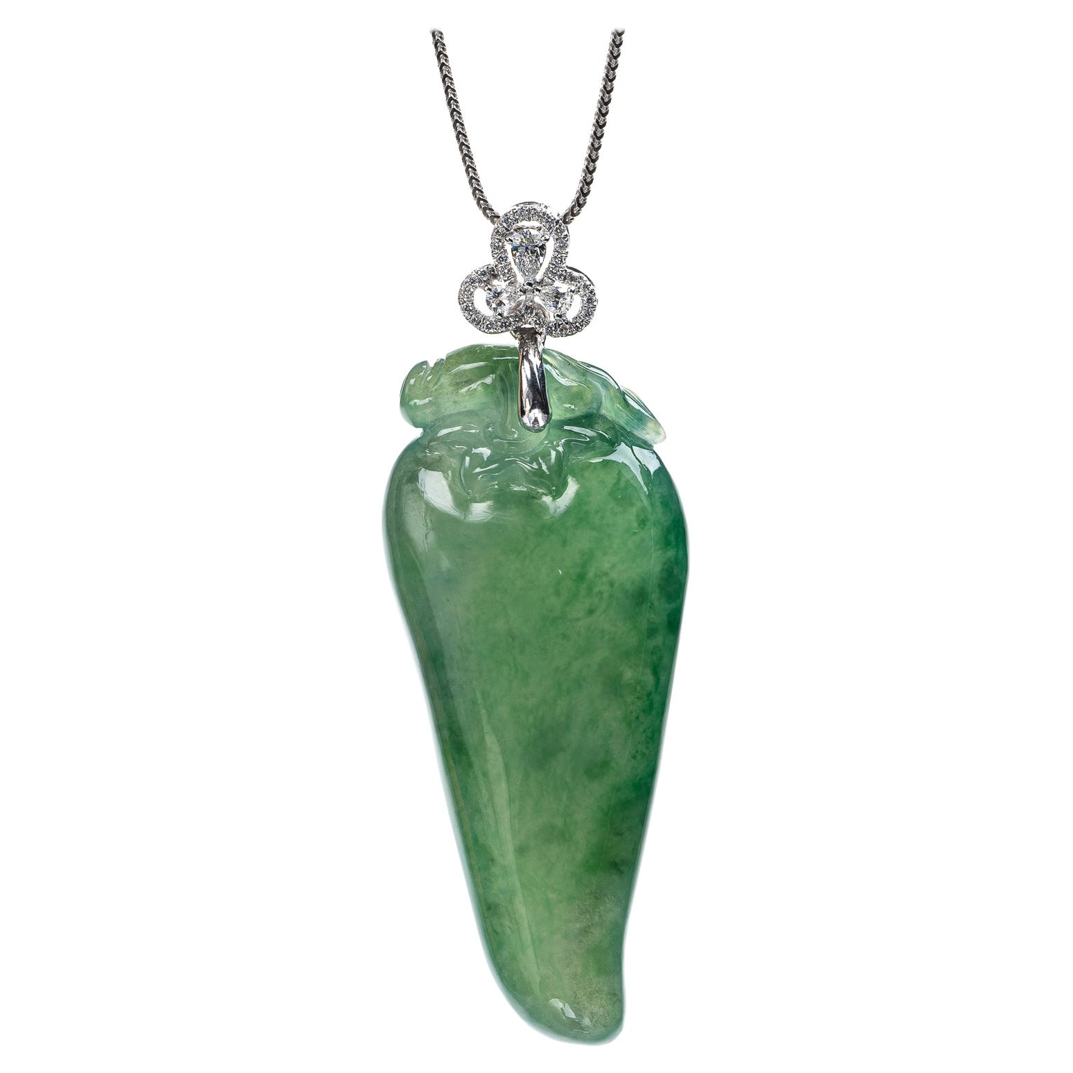Dark Green Jadeite Jade Chili Pepper and Diamond Pendant, Certified Untreated