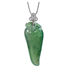 Dark Green Jadeite Jade Chili Pepper and Diamond Pendant, Certified Untreated