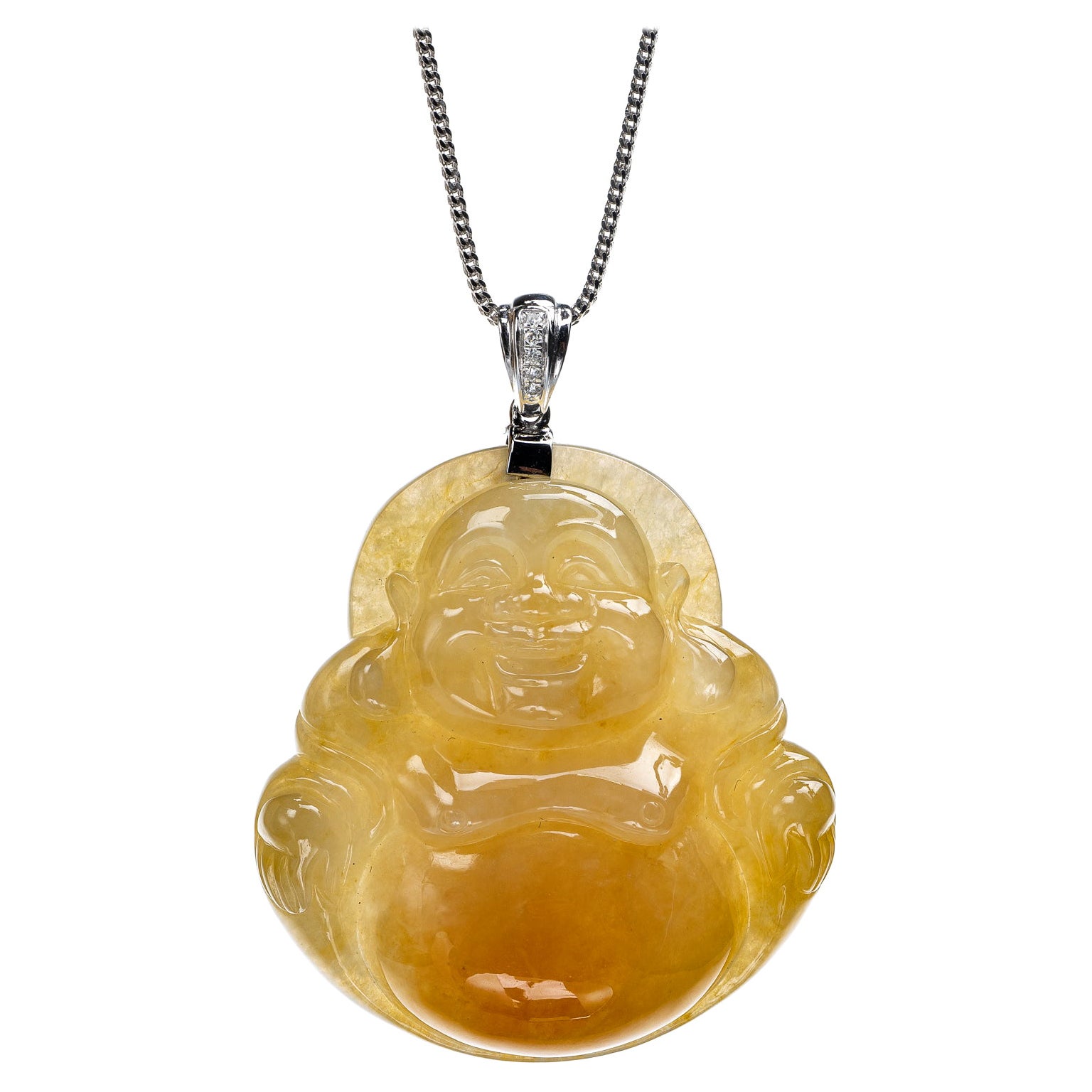 Yellow Jadeite Jade Buddha and Diamond Pendant, Certified Untreated For Sale