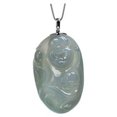 Gray Jadeite Jade Happy Buddha Pendant, Certified Untreated