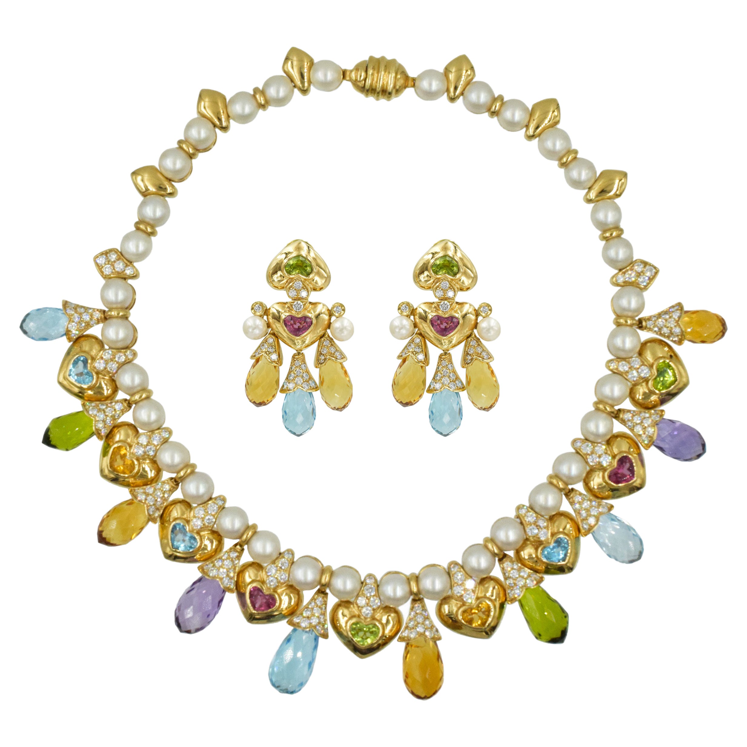 Moussaieff Pearl, Damond and Gemstone Necklace and Earring Set in 18k For Sale