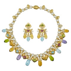 Moussaieff  Pearl, Damond and Gemstone Necklace and Earring Set in 18k