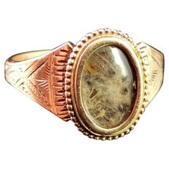 Antique Mourning Ring, 9 Karat Engraved Gold, Hairwork, Edwardian