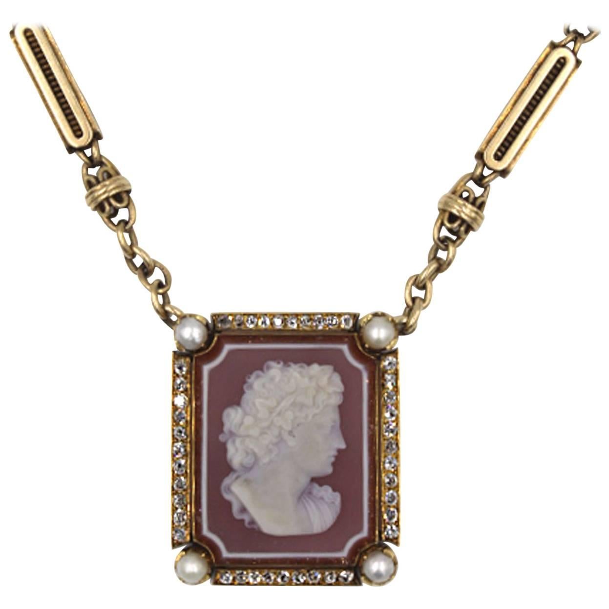Antique Cameo Diamond Gold Pendant and Old Watch Chain