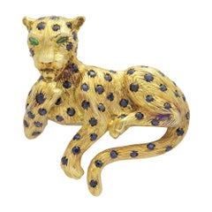 18 Karat Leopard Brooch with Emeralds and Sapphires in the Manner of Cartier