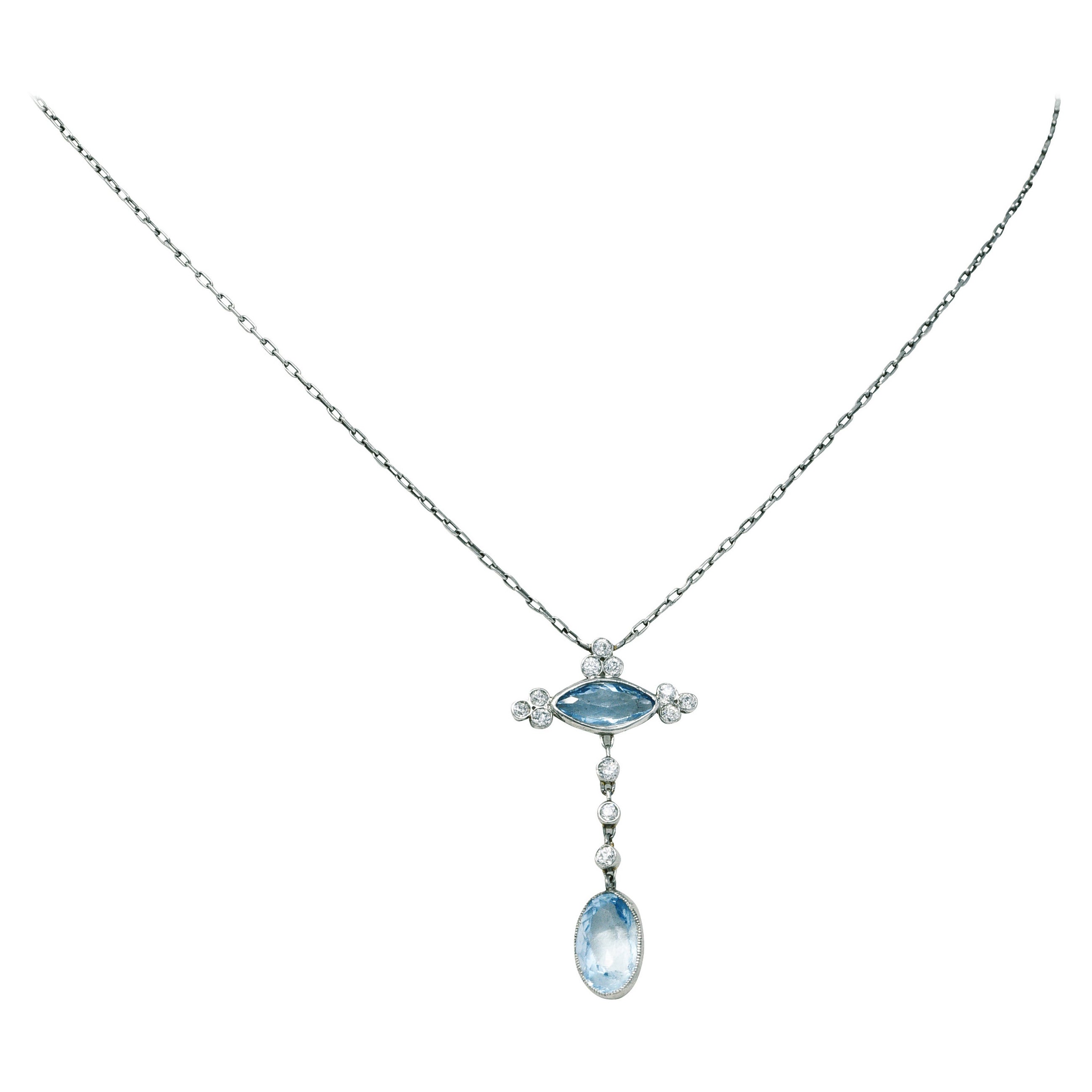 Edwardian 2.70 Carats Diamond Aquamarine Platinum Drop Necklace