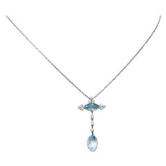 Antique Edwardian 2.70 Carats Diamond Aquamarine Platinum Drop Necklace
