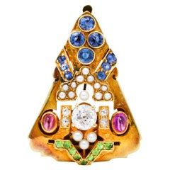 Art Deco Diamond Sapphire Ruby Pearl 14 Karat Gold Brooch Clip