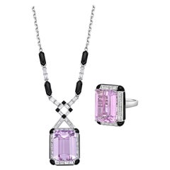 Art Deco Style Kunzite Set with Diamond & Black Onyx in 18 Karat White Gold