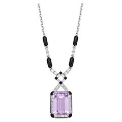 Art Deco Style Kunzite Necklace with Diamond & Black Onyx in 18 Karat White Gold