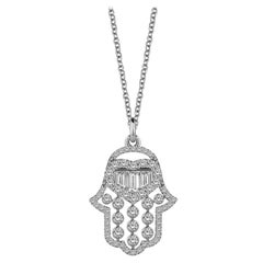 Diamond Hamsa Necklace, 18K White Gold .62 Carat Baguette Hand of Fatima Charm
