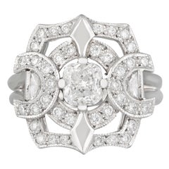 18ct White Gold Diamond Crest Art Deco Style Engagement Ring 'GIA Cert'