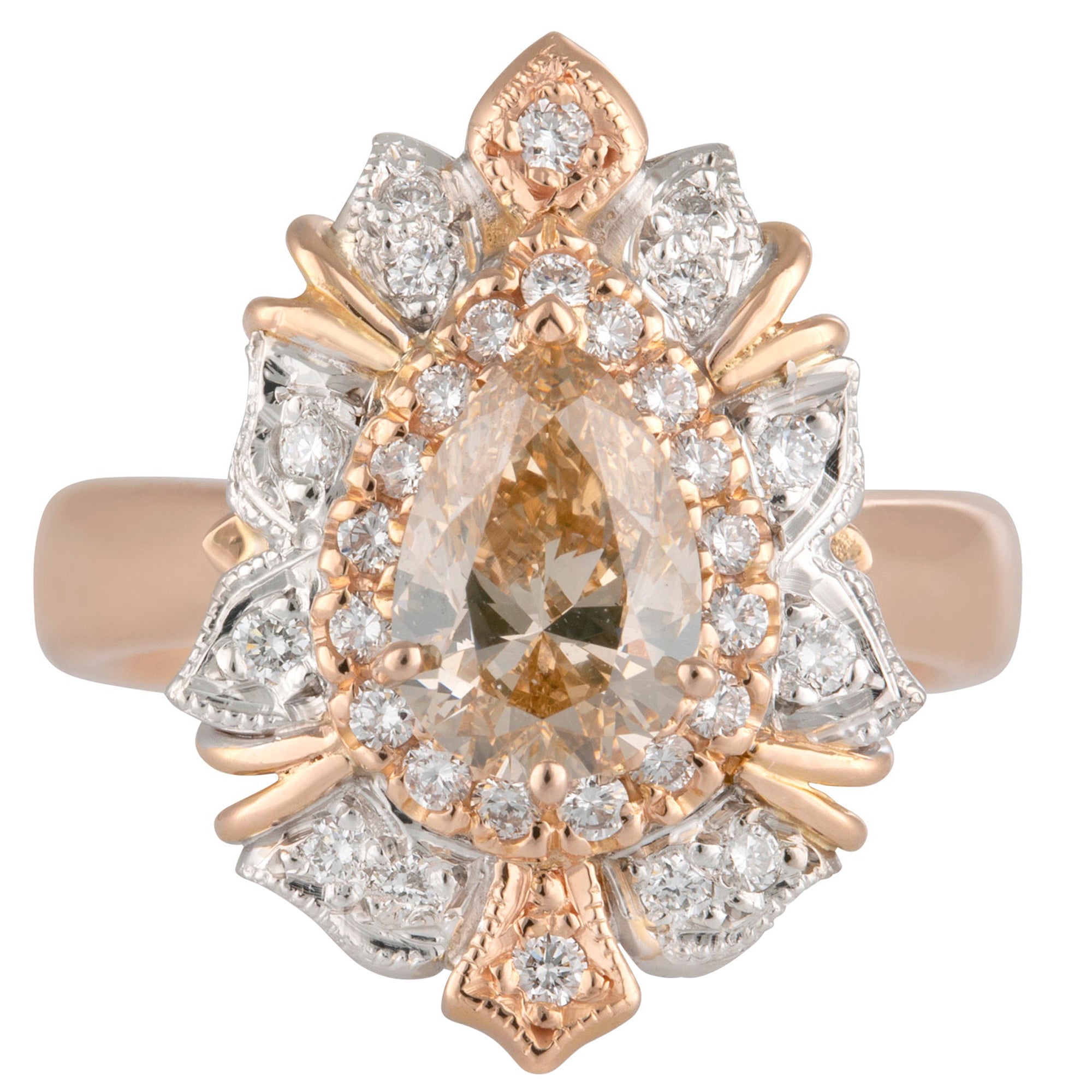 Handmade 18ct Rose Gold Pear Cognac C1 Diamond Art Deco Style Engagement Ring For Sale