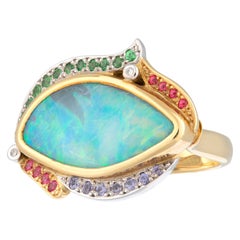 Handmade Australian Boulder Opal, Garnets, Spinel, Sapphire & Diamond Ring