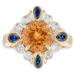 Handmade 18ct Yellow Gold Mandarin Garnet, Blue Sapphire and Diamond Ring