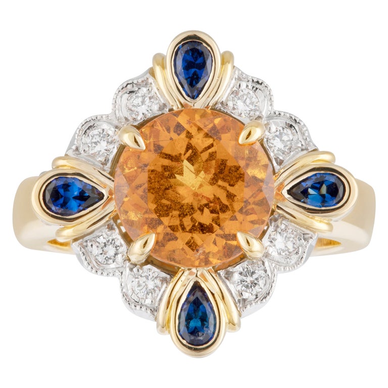 Handmade 18ct Yellow Gold Mandarin Garnet, Blue Sapphire and Diamond Ring For Sale