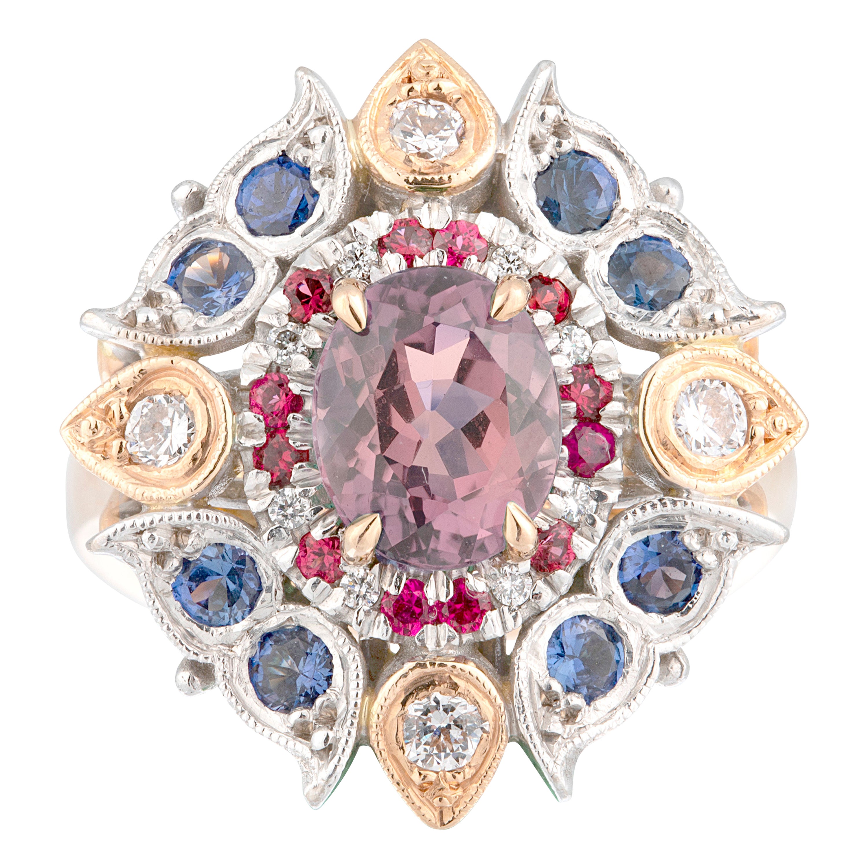 Oval Morganite, Purple and Blue Sapphire, Pink Spinels and Diamond Dress Ring For Sale