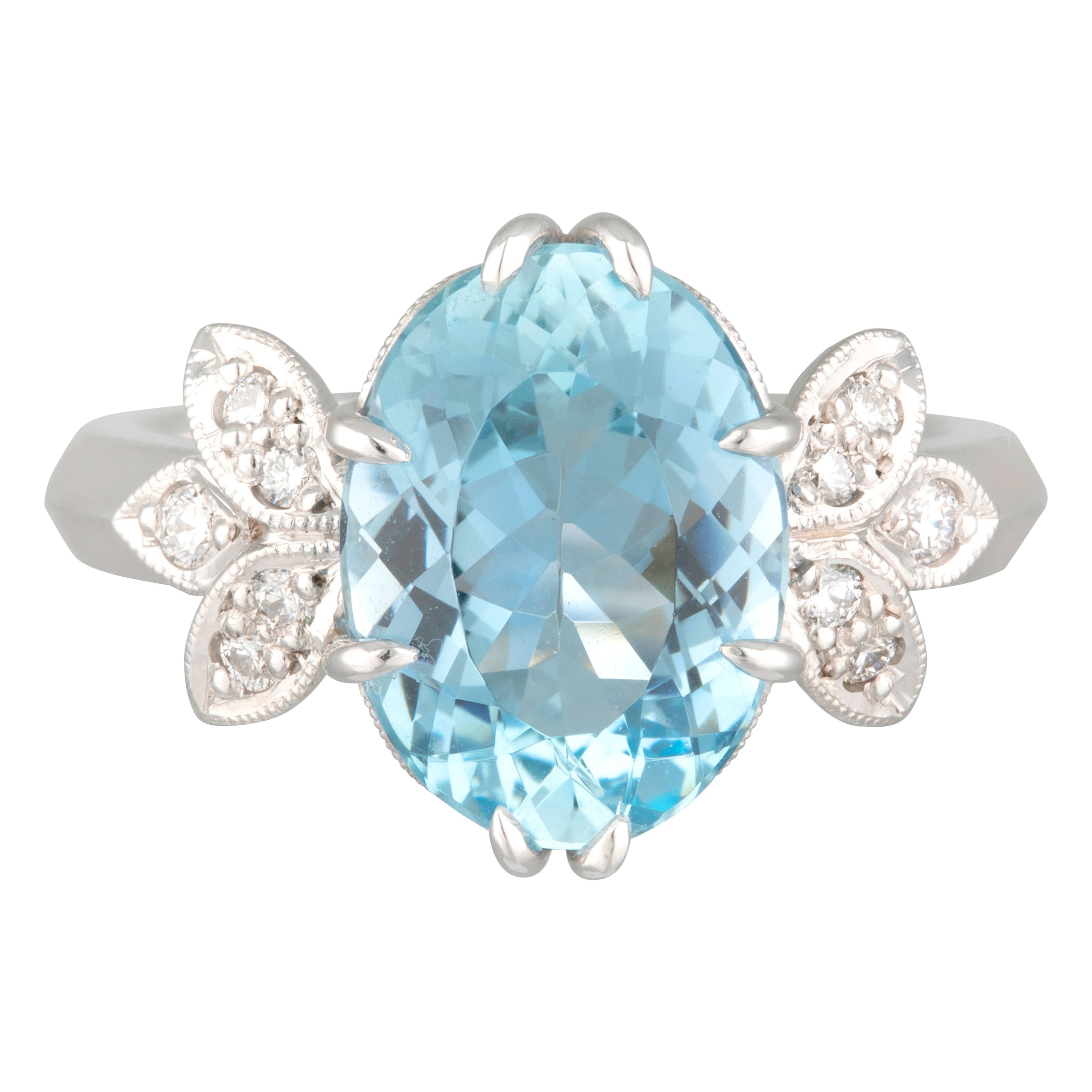 Handmade White Gold Oval Aquamarine and Diamond Wings Ring For Sale