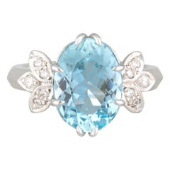 Handmade White Gold Oval Aquamarine and Diamond Wings Ring