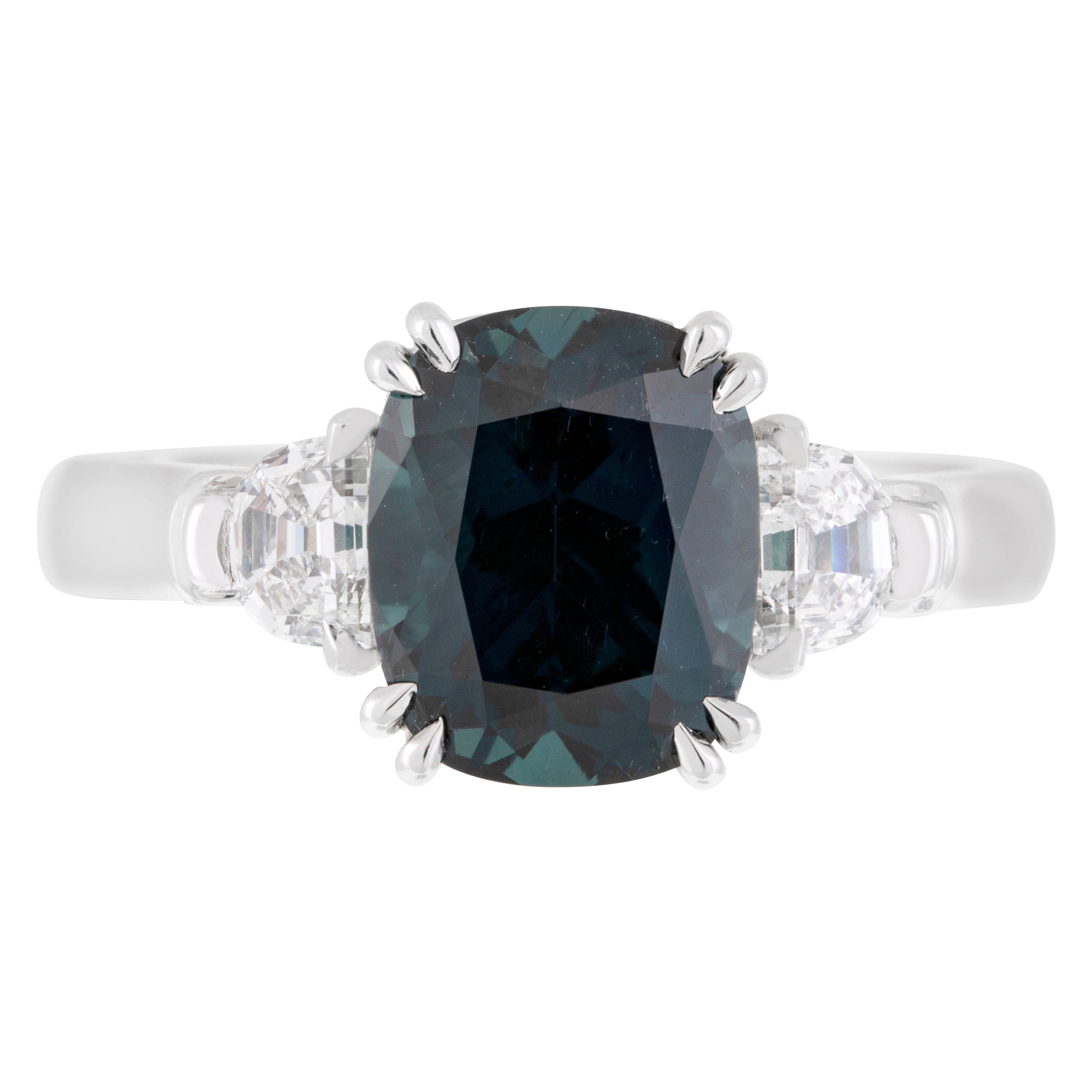 18ct Gold Blue/Green Sapphire with Half Moon Shoulder Diamond Engagement Ring For Sale