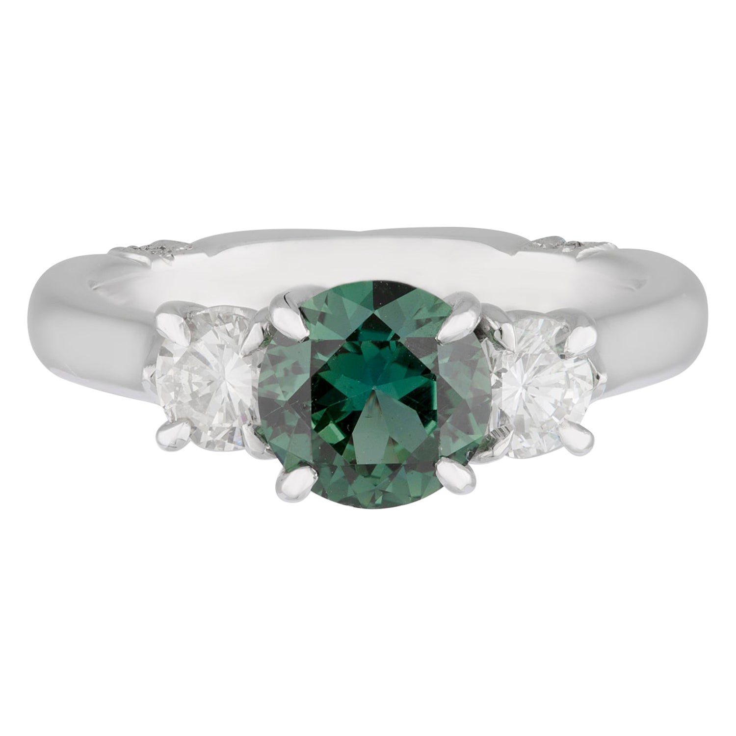 Handmade White Gold Green Parti Sapphire and Diamond Trilogy Engagement Ring For Sale