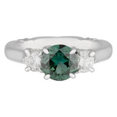 Handmade White Gold Green Parti Sapphire and Diamond Trilogy Engagement Ring