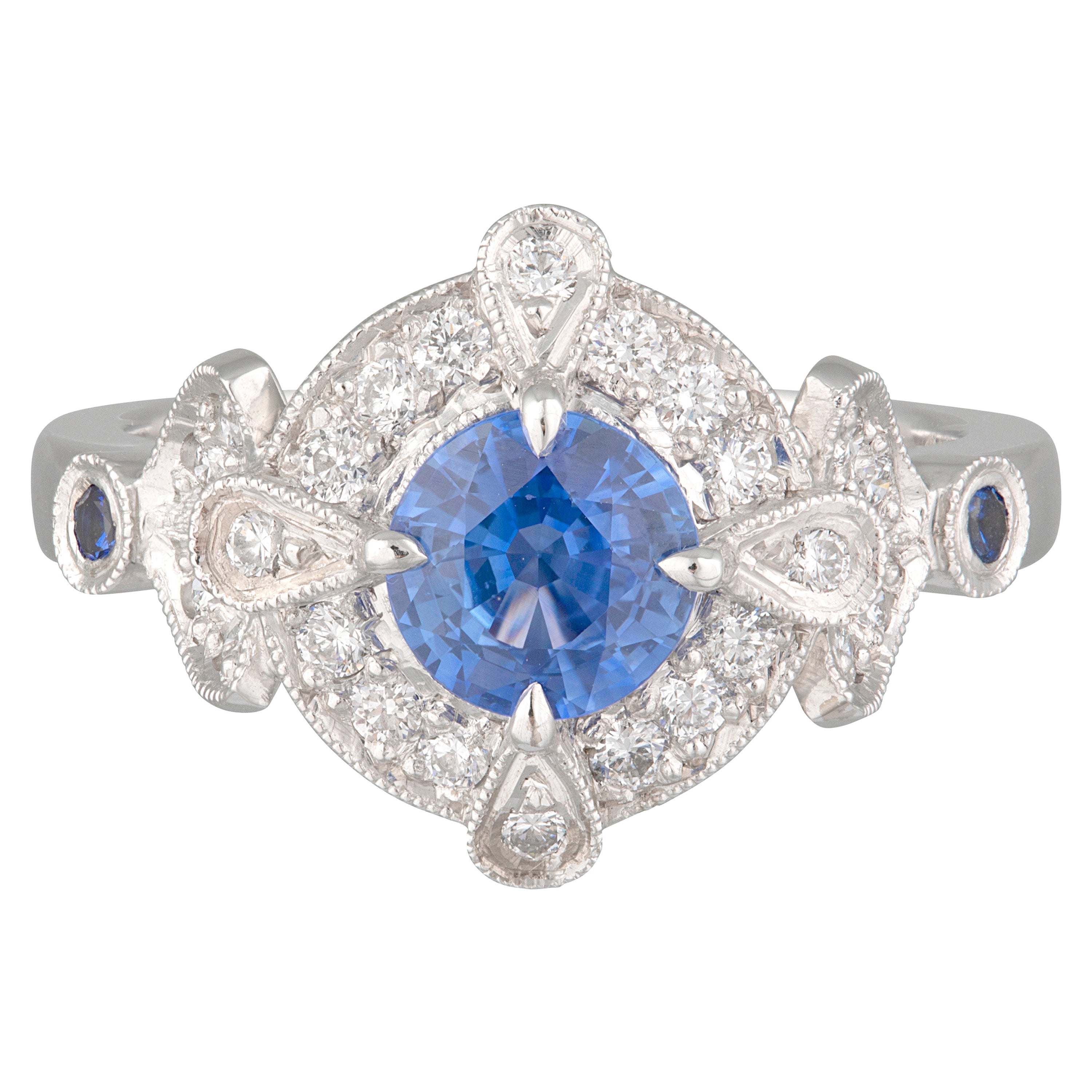 Handmade 18ct White Gold Ceylon Sapphire & Diamond Art Deco Engagement Ring For Sale