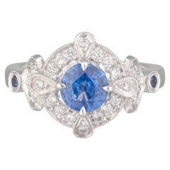 Handmade 18ct White Gold Ceylon Sapphire & Diamond Art Deco Engagement Ring