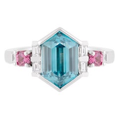 White Gold 3.90ct Hexagonal Cut Blue Zircon with Pink Spinels and Diamonds Ring