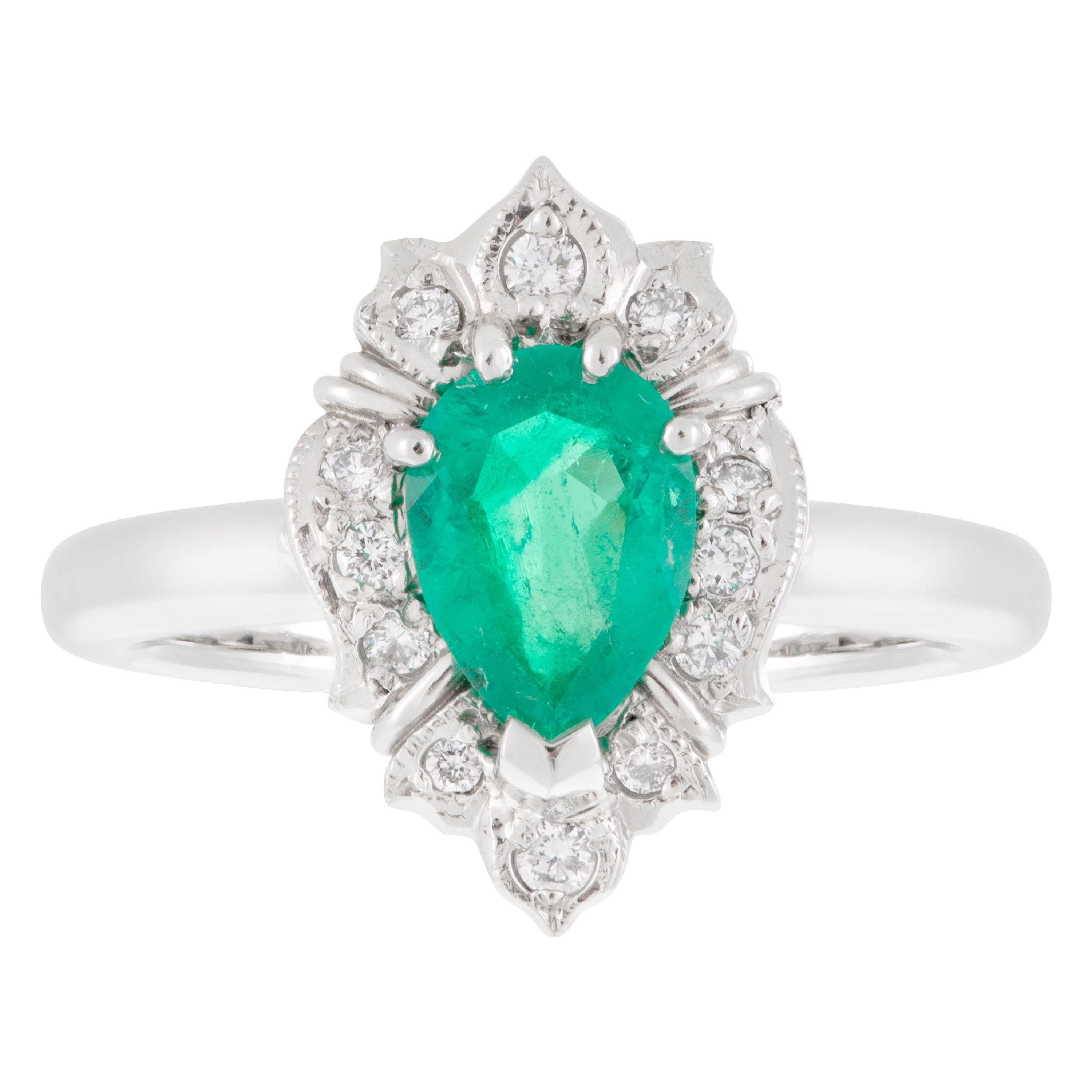 Handmade Platinum Pear 0.78ct Emerald Diamond Art Deco Style Halo Dress Ring For Sale