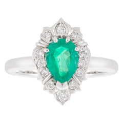Handmade Platinum Pear 0.78ct Emerald Diamond Art Deco Style Halo Dress Ring