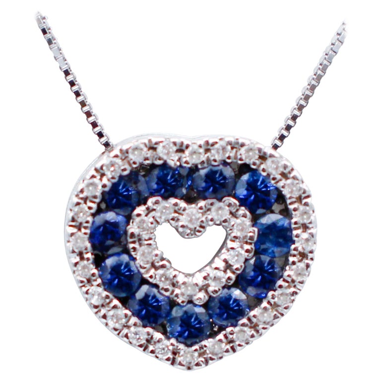Blue Sapphires Diamonds 18 Karat White Gold Heart Shape Pendant Necklace For Sale At 1stdibs