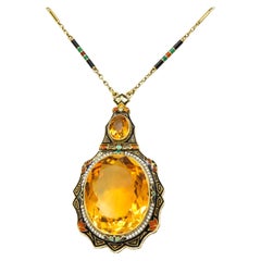 Substantial Art Deco Citrine Pearl Enamel 14 Karat Gold Statement Necklace