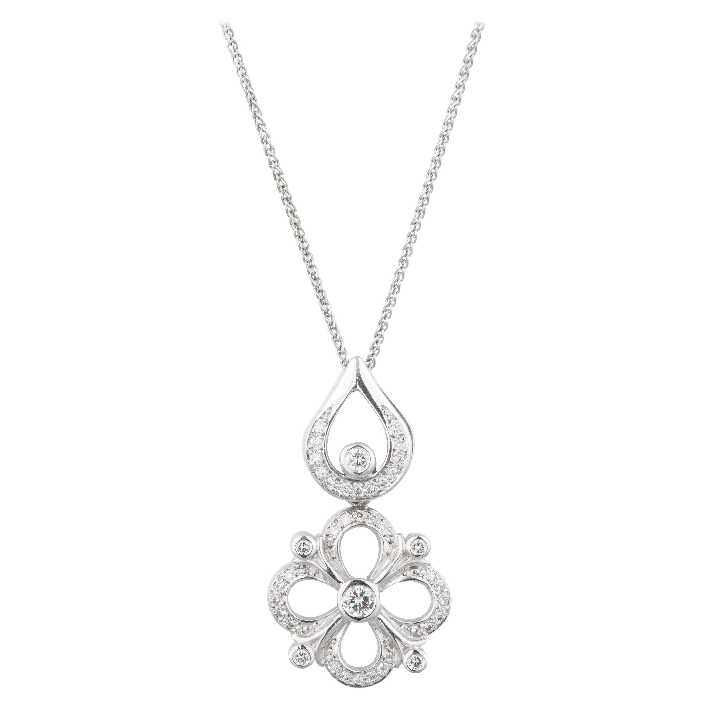 Handmade 18ct White Gold Art Deco Style Diamond Clover Necklace For Sale