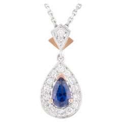 18ct White/Rose Gold Handmade Blue Ceylon Sapphire and Diamond Halo Pendant
