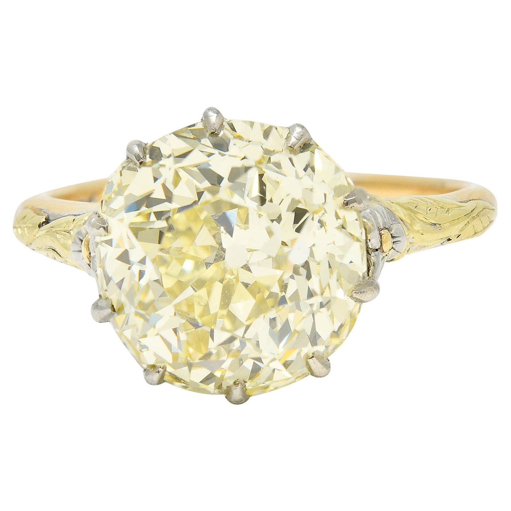 Arts & Crafts 7.12 Carats Fancy Yellow Diamond 14 Karat Tri-Colored Gold Ring