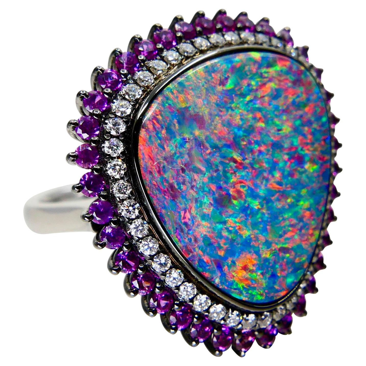 7.84 Cts Au Opal, Pink Sapphire & Diamond Ring Pendant, Superb Play of Colors For Sale