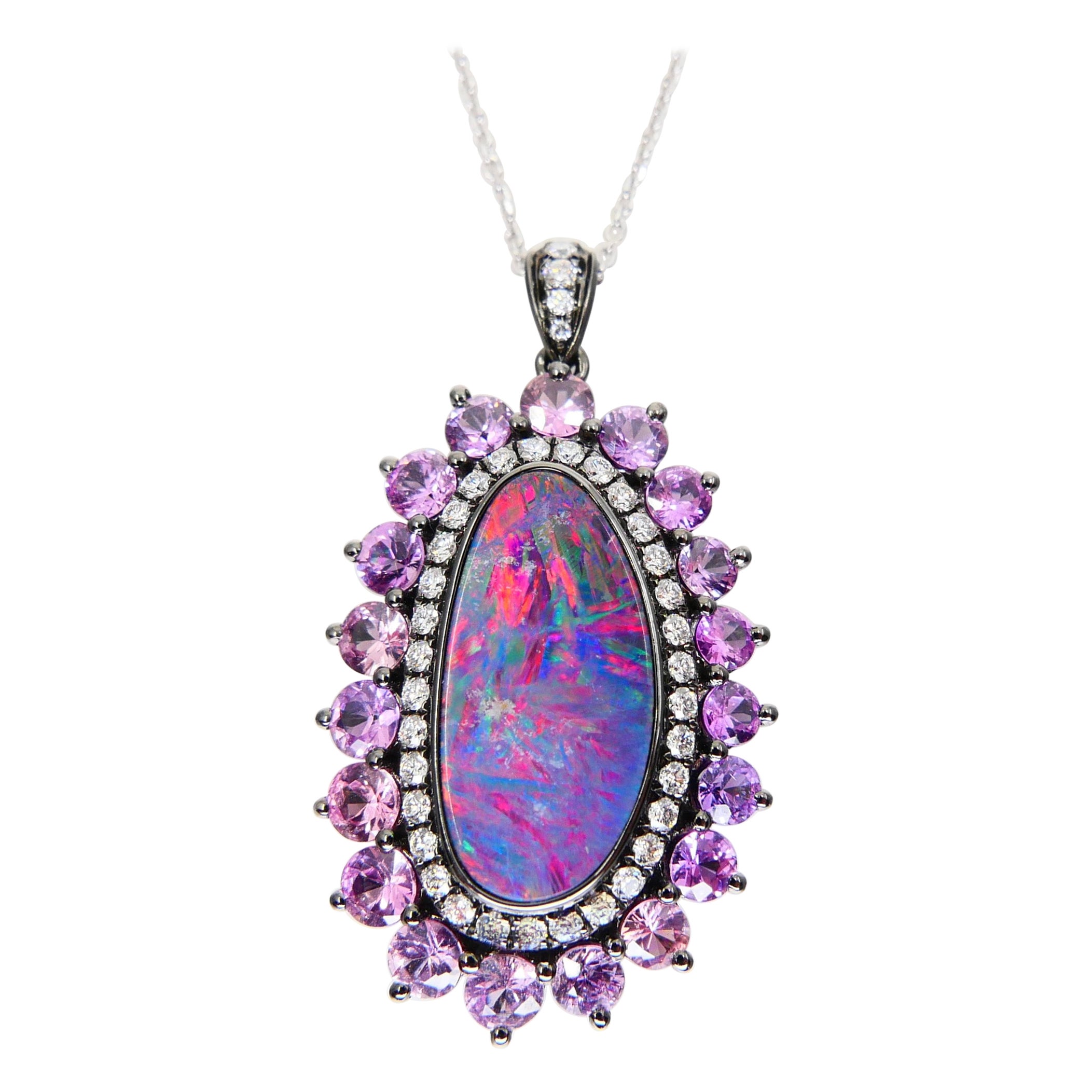 3.01 Cts Au Opal, Pink Sapphire & Diamond Pendant, Impressive Play of Colors For Sale