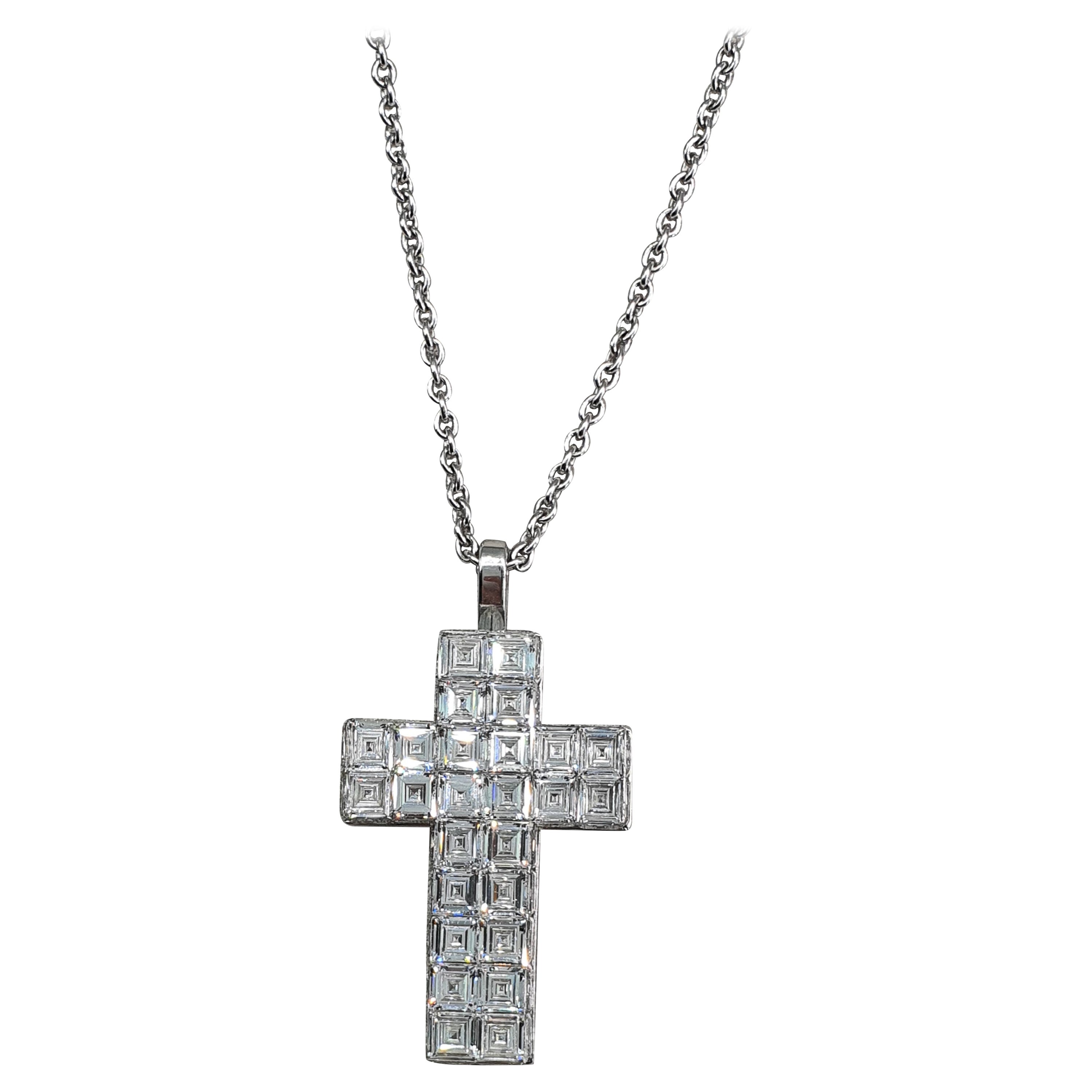 Exclusive Invisible Setting 9.8 Carat Diamond 18K White Gold Cross For Sale