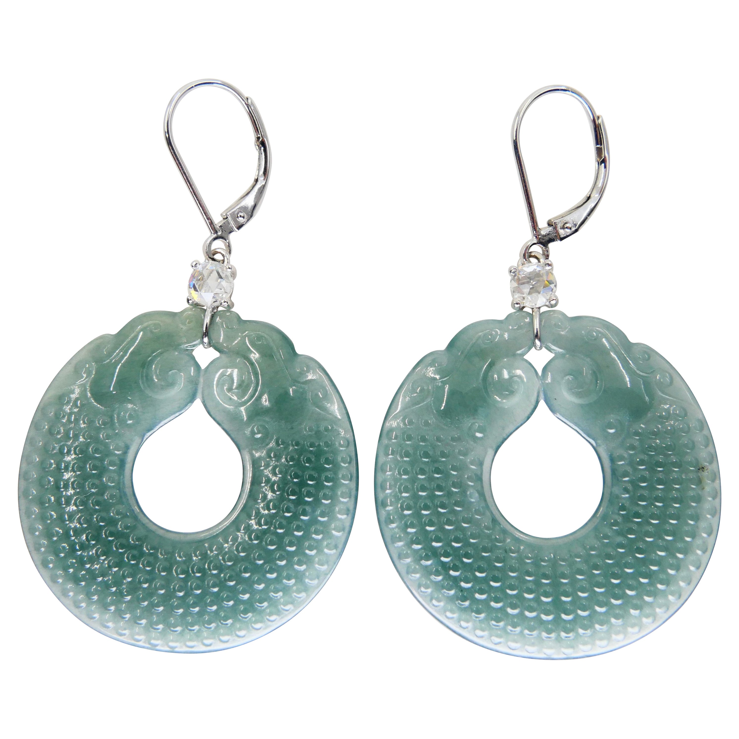 Certified Natural Type A Jadeite Jade Dragon Disc & Rose Cut Diamond Earrings For Sale