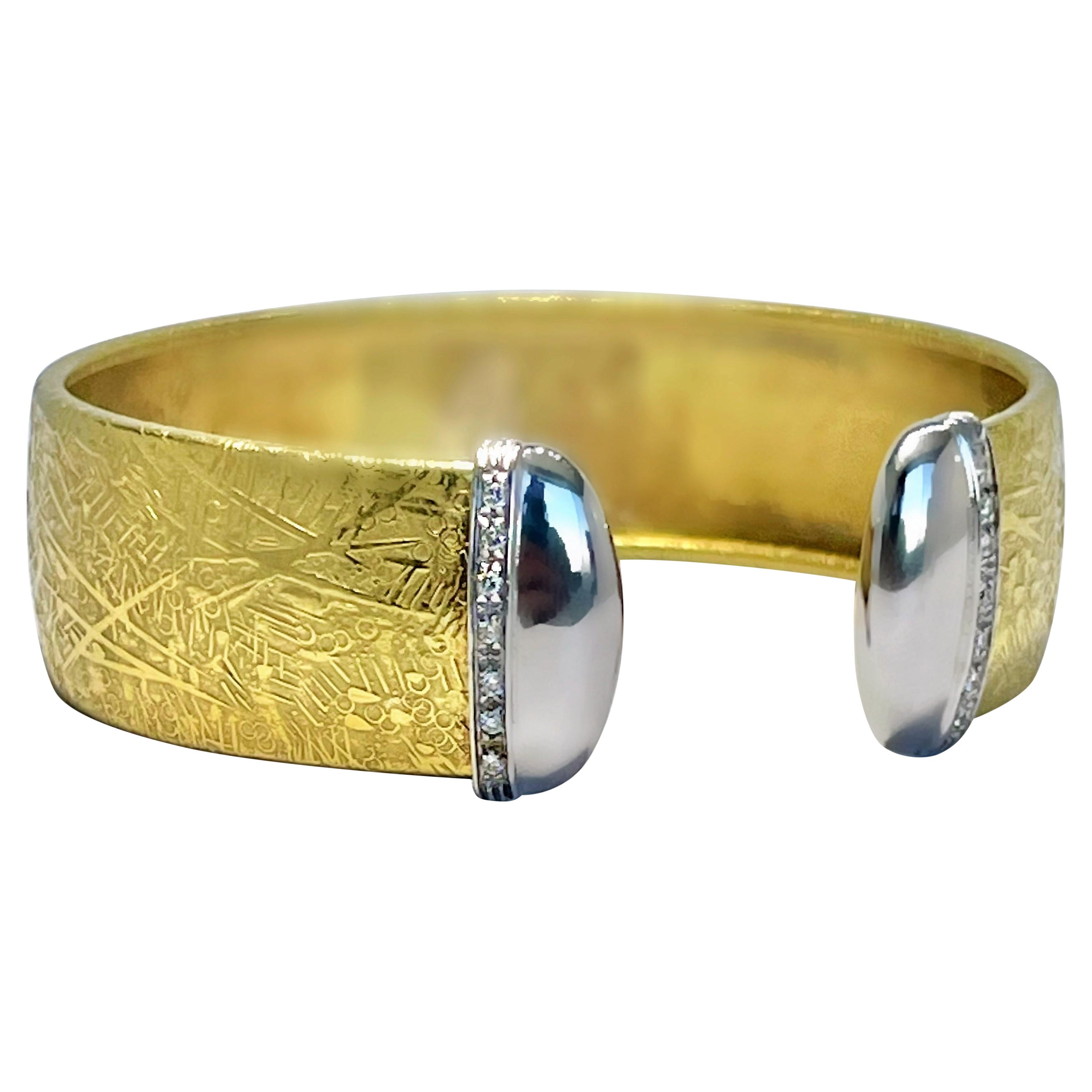 Open Front 18K Gold Acid Etched Cuff with Diamonds by Italian Designer Unoaerre For Sale