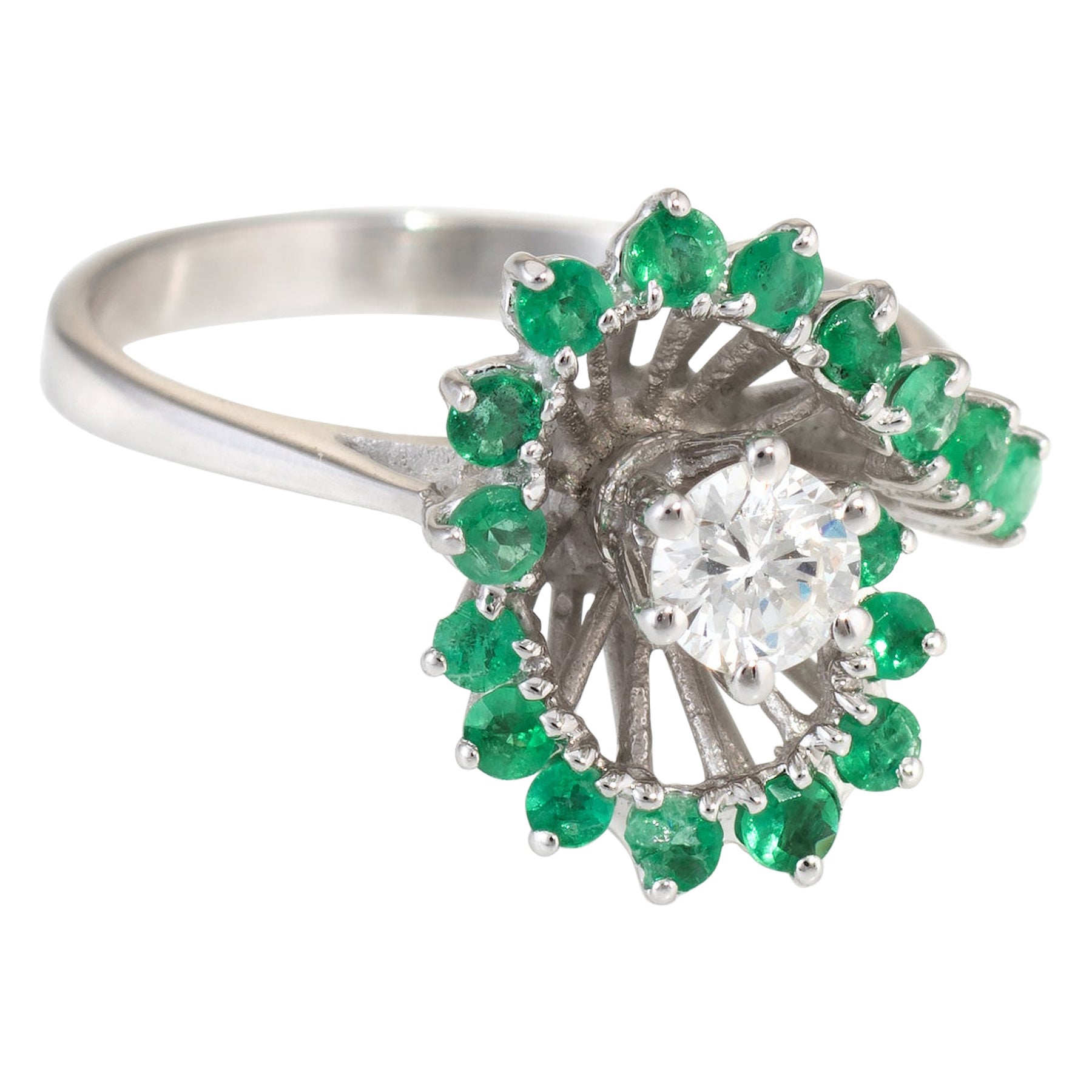 Emerald Diamond Cocktail Ring Vintage 14k White Gold Estate Fine Jewelry