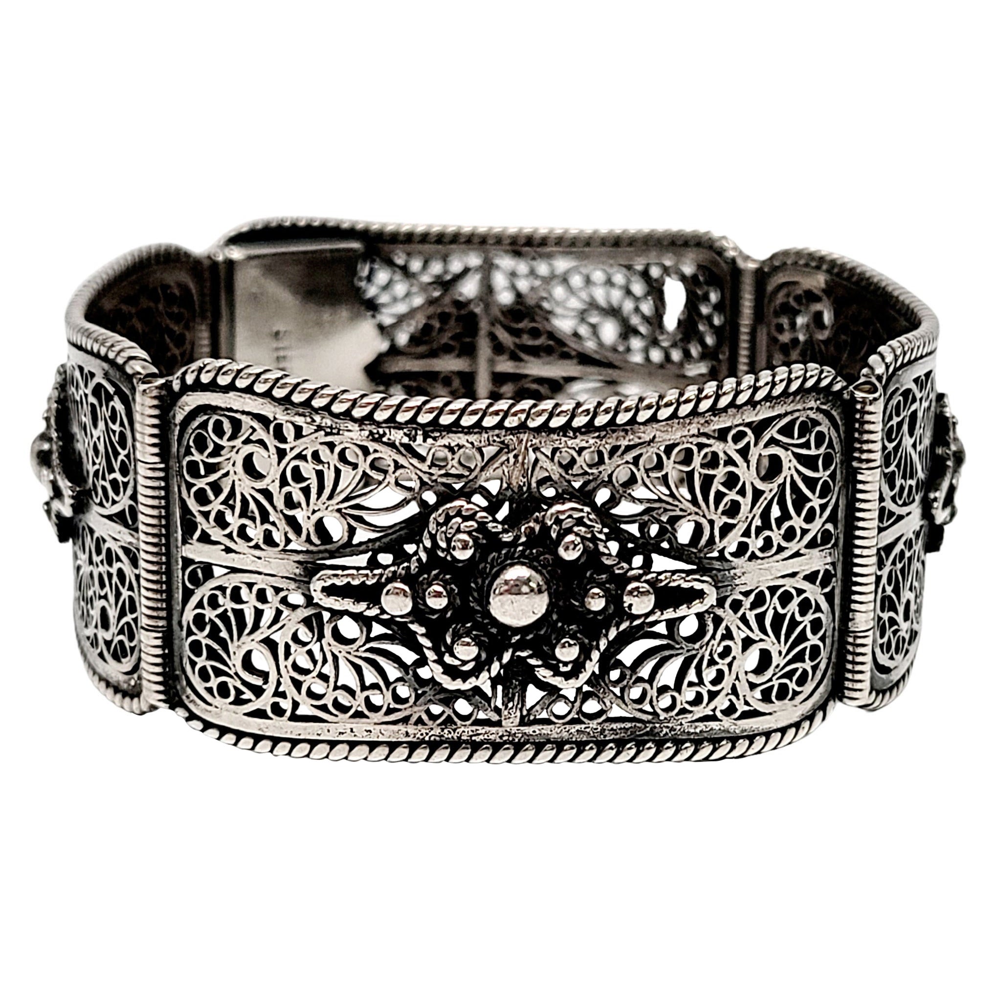 Sterling Silver Filigree Hinged Panel Link Bracelet For Sale