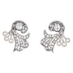 Vintage Platinum Diamond Pearl Spray Earrings Mid Century Estate Fine Jewelry