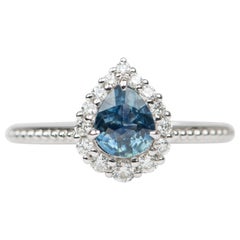 Teal Blue Montana Sapphire with Diamond Halo 14K White Gold Engagement Ring