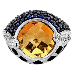 Carlo Viani 14K Yellow Gold Onyx Citrine Sapphire Round Diamond Cocktail Ring