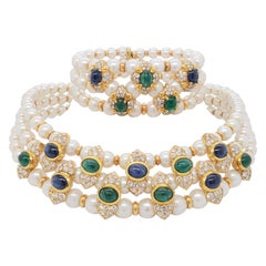 Estate Giovani Pearl, Blue Sapphire, Emerald, and Diamond Bracelet and Necklace