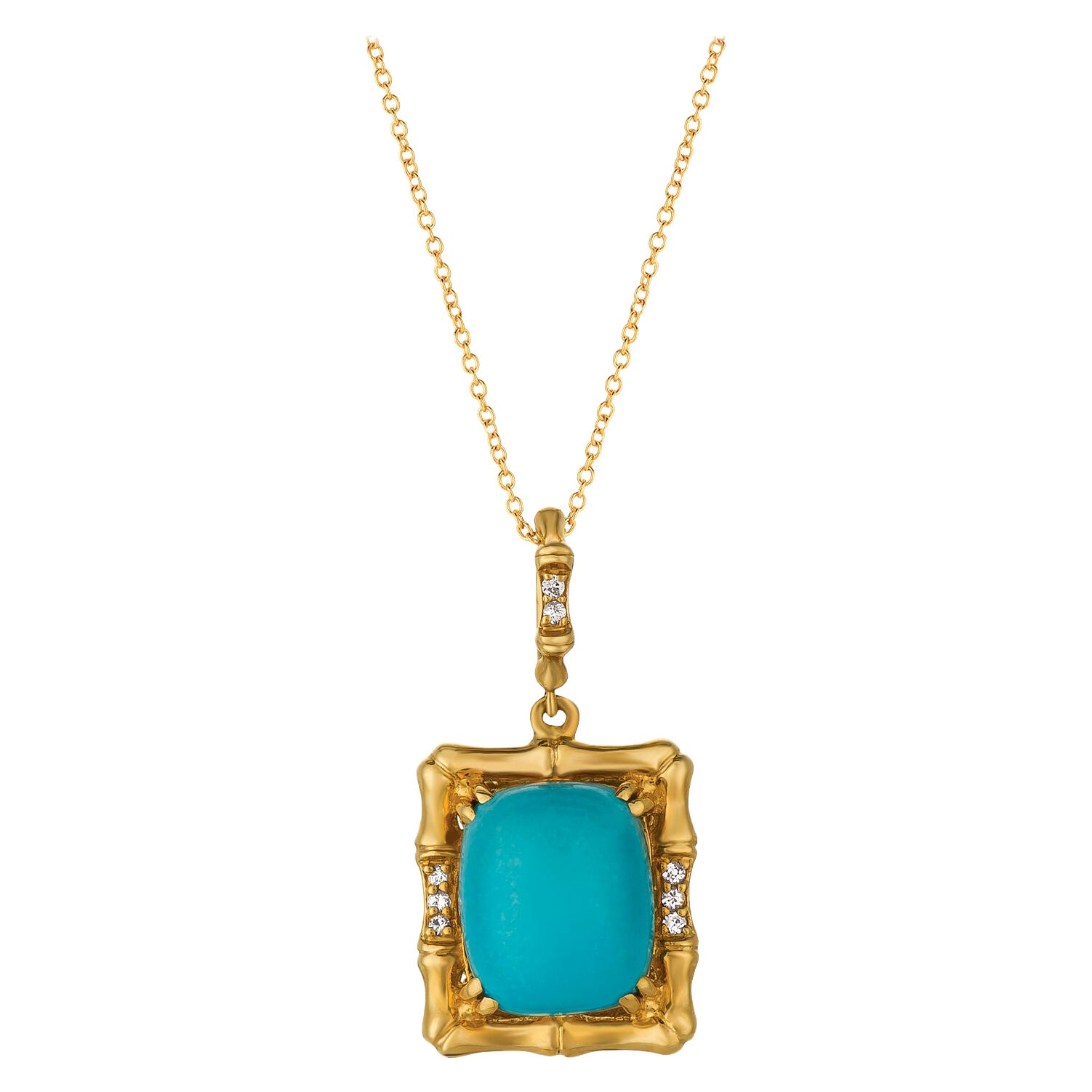 LeVian 14K Yellow Gold Turquoise White Sapphire Beautiful Fancy Pendant Necklace For Sale