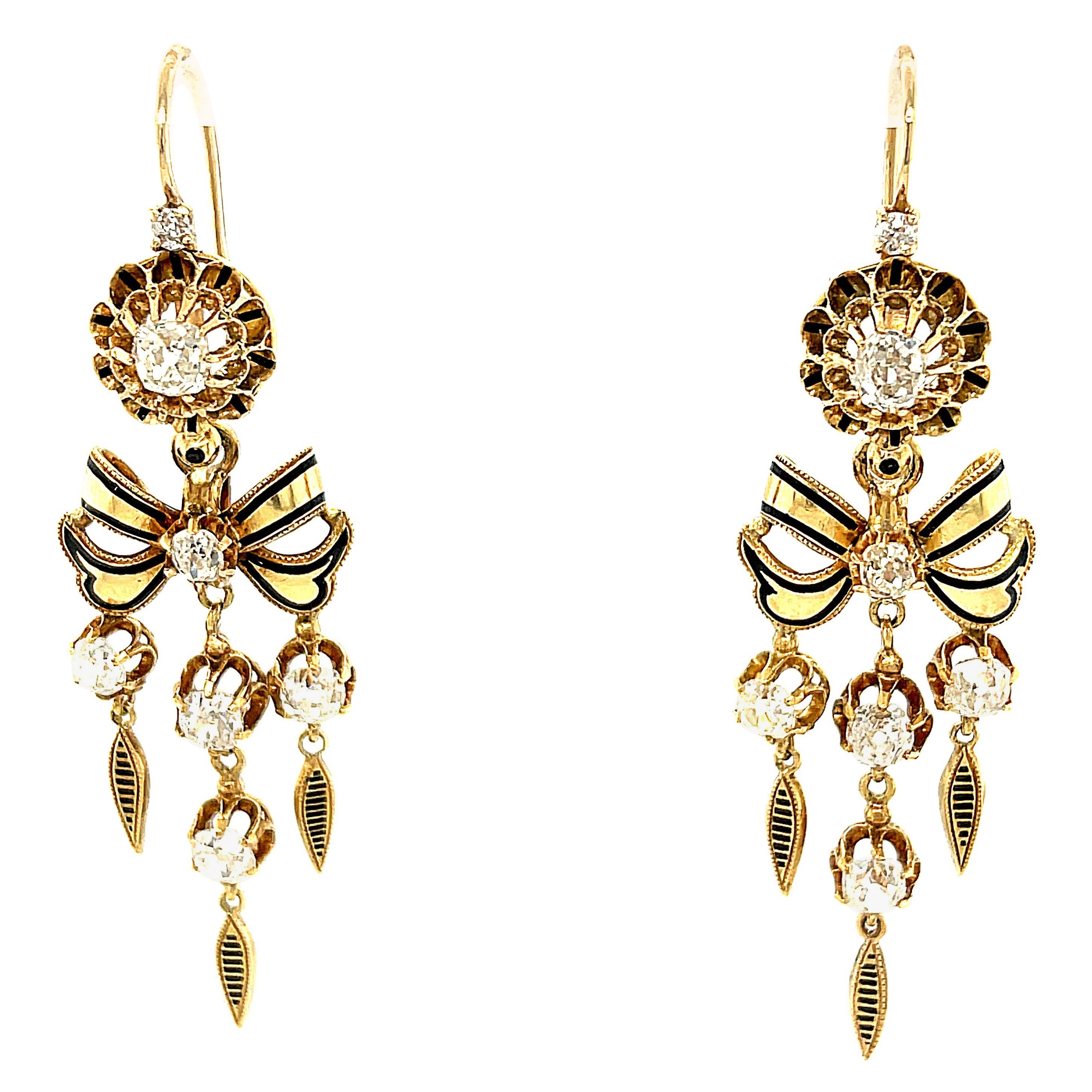 Antique Victorian 14 Karat Gold Enamel Day Night Earrings